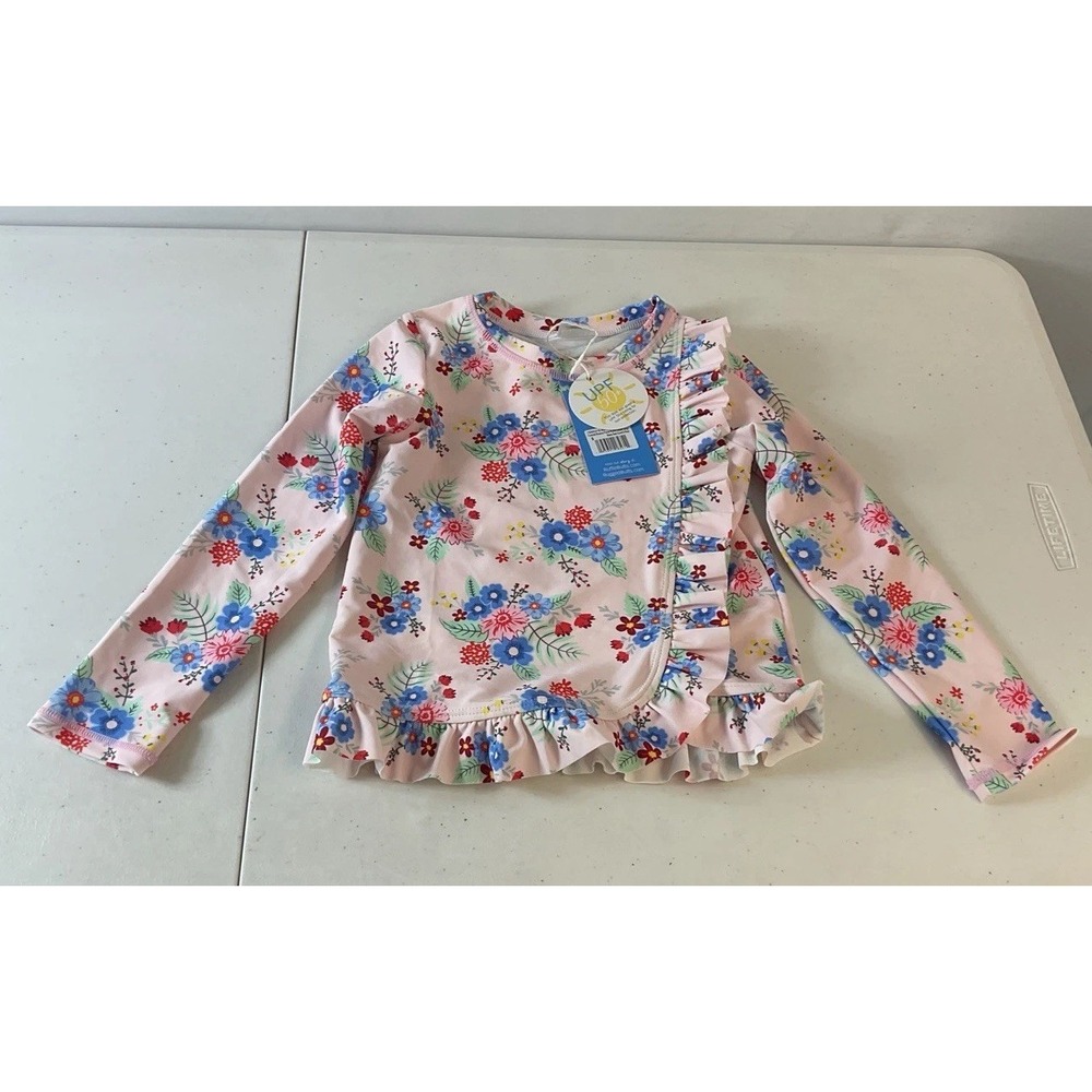 New RuffleButts Little Girls Long Sleeve Pink Floral Rash Guard Size 5